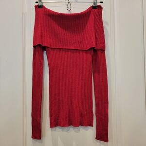 Red Off-Shoulder Ribbed Sweater